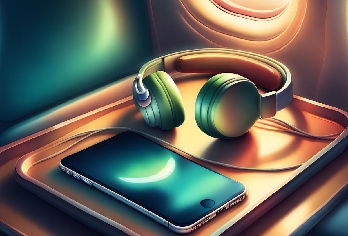A graphic of an iPhone and wired over-the-ear headphones on a tray table.