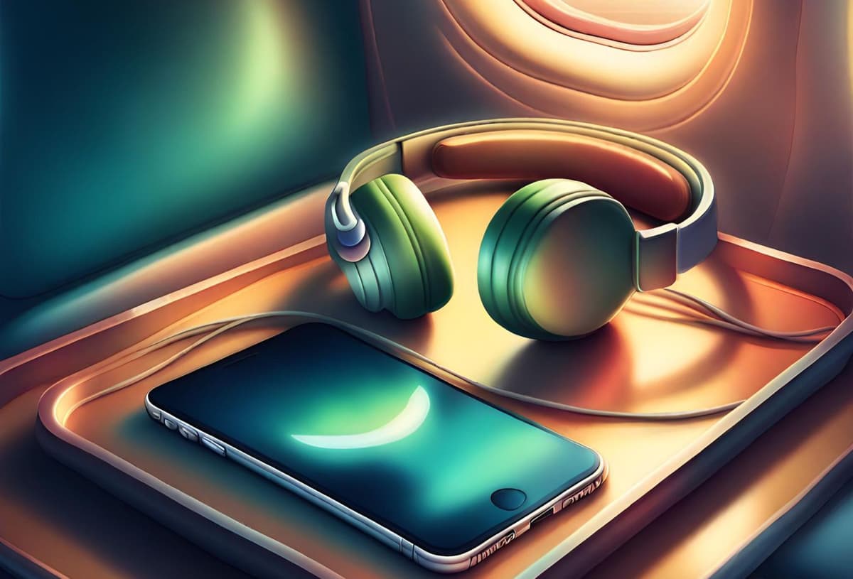 A graphic of an iPhone and wired over-the-ear headphones on a tray table.