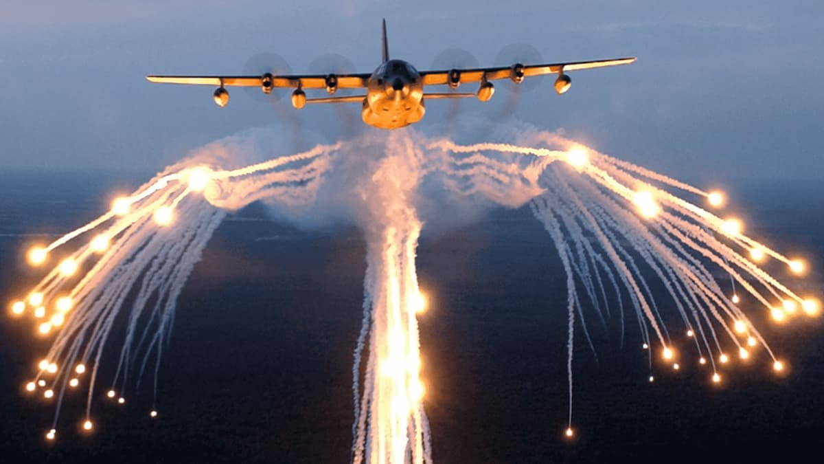 An AC-130 deploying its flares, creating the "Angel of Death" effect.